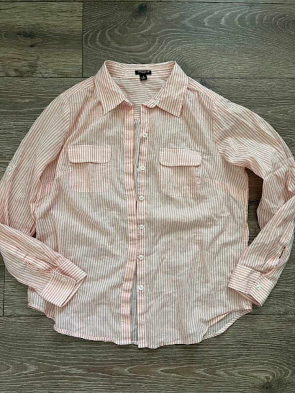 Ann Taylor Peach Coral White Button-Down Utility Shirt Blouse Size 6
